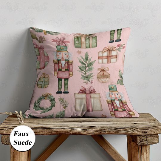 Discover German Cracker Pink Pillowcase, Cute Christmas Gifts Pillow, Watercolor Xmas Tree Cushion, Winter Season Noel Family Party Decor,