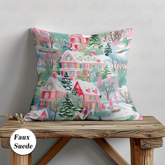 Vintage Countryside Winter Pillow, Holiday Peaceful Landscape Cushion, Cozy Christmas Sofa Couch Decor, Pastel Pink House Accent,