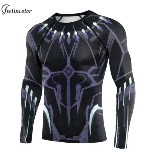Discover Superhero Cosplay Compression Shirt for Men Panther Printed Halloween Tops Gym Sport Breathable T-Shirt Long Sleeve Male Clothes