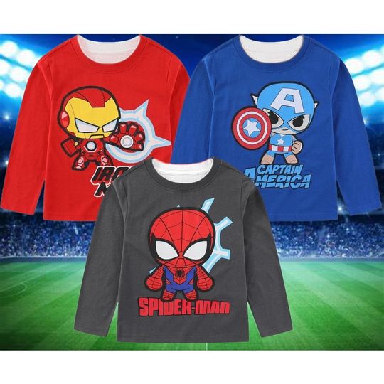 Marvel Cartoon Superheroes Spider-Man Iron Man and Captain America 3D Printed Men's Lightweight and Loose Long-sleeved T-shirt
