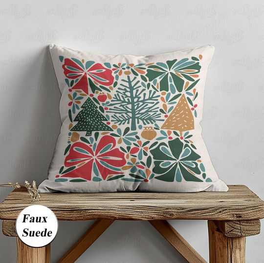 Discover Botanical Xmas Tree Pillow, Scandinavian Lumbar Pillow Cover, Boho Cottagecore Christmas Cushion, Woodland Forest Holiday Home Decor,