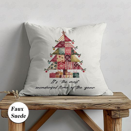 Discover Christmas Tree Patchwork Pillow, Xmas Pine Tree Decorative Pillow, Most Wonderful Time Of Year, Merry & Bright Holiday Bed Sofa Couch Decor