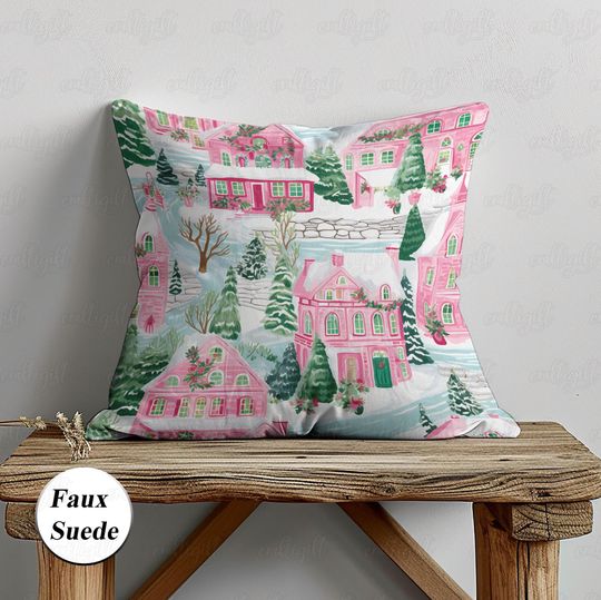 Winter Wonderland Village Pillow, Christmas Countryside Pink Cushion Cover, Pastel Snowy City Pillow Set For Sofa Decor Couch Accent,