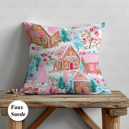 Discover Vibrant Christmas Town Pillow Cover, Bright Holiday Cookies Village Cushion, Winter Vibes Throw Pillow, Gingerbread House Pillow Gift