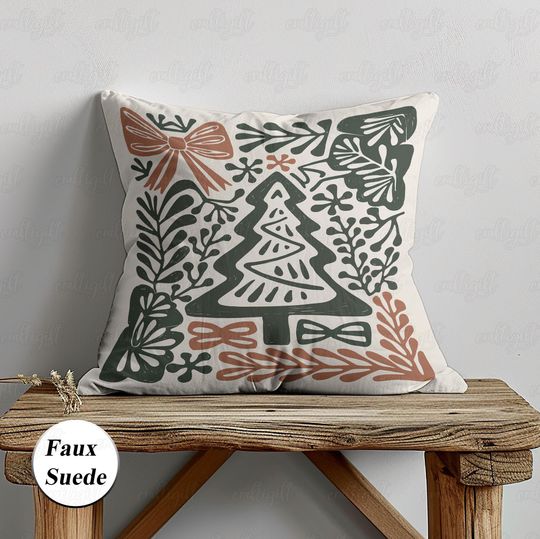 Discover Elegant Boho Christmas Pillowcase, Winter Tree Pillow Cover, Farmhouse Green Xmas Cushion, Vintage Holiday Minimalist Indoor Decor