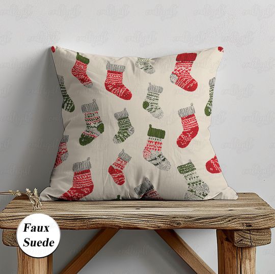 Discover Scandinavian Christmas Stockings Pillow, Red And Green Stocking Cushion, Cute Christmas Pillow Cover, Classic Bed Throw Pillow Decor, MYK190