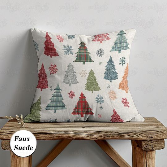 Discover Christmas Trees Plaid Pillow, Light Academia Christmas Pillowcase, Colorful Pine Cushion For Sofa Couch, Xmas Kid Room Decoration, MYK174