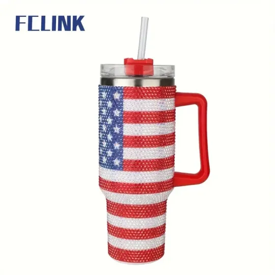 Discover Rhinestone Studded USA Flag 40oz Insulated Tumbler NEW