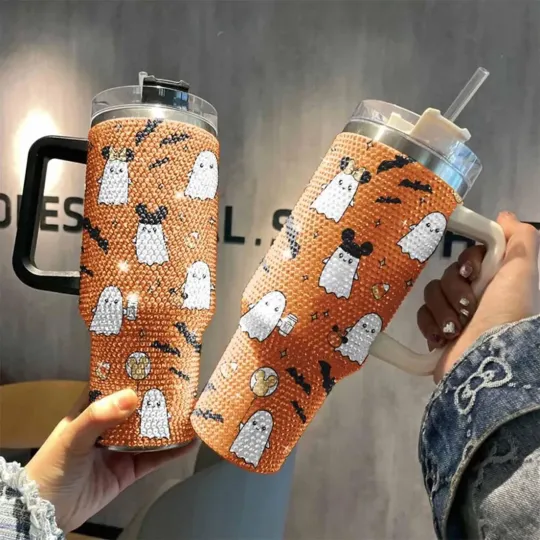 Discover Halloween Rhinestone Diamond 40oz Tumbler, Halloween Mickey Ghost Rhinestone