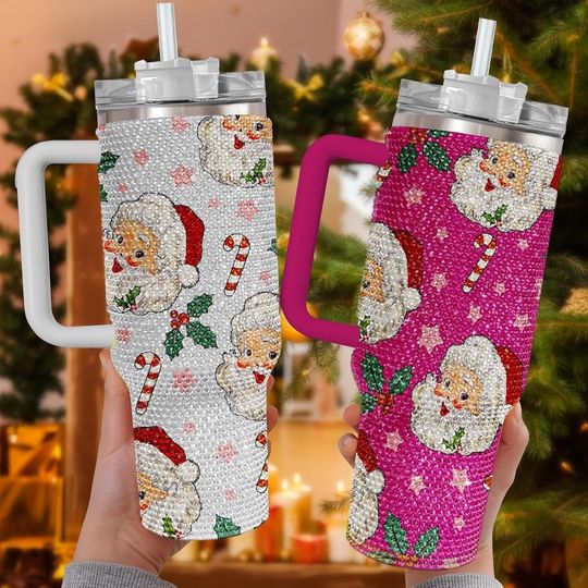 Discover Rhinestones 40oz Tumbler - Puffy Christmas Cup with Santa Claus Bling, Retro Santa Design, Glitter Diamond Bottle with Lid and Straw for Women & Men
