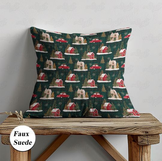 Discover Red Truck And House Christmas Pillow, Vintage Snowy Town Pillowcase, Xmas Pine Trees Cushion, Christmas Bedroom Pillow Set Decor, MYK178