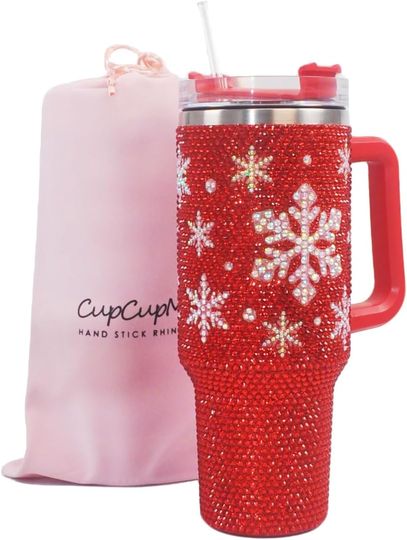 Discover 40oz Christmas Snowflakes on Red Bling Rhinestone Stainless Steel Sippy Tumbler Glitter Vacuum Insulated Water Bottle with Straw & Lid &Handle,Sparkle Cup,Keeps Cold 12 Hours Drinks