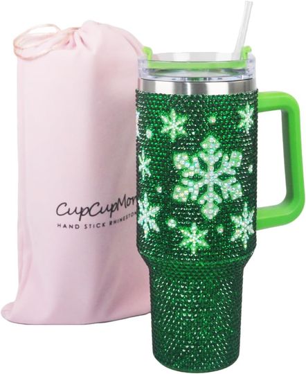 Discover 40oz Christmas Snowflakes on Green Bling Rhinestone Stainless Steel Sippy Tumbler Glitter Vacuum Insulated Water Bottle with Straw & Lid &Handle,Sparkle Cup,Keeps Cold 12 Hours Drinks