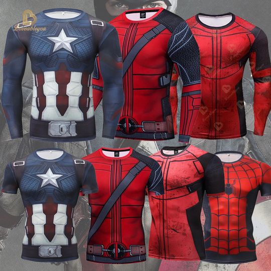 Captain America Summer Fitness T Shirt Men Training T-shirt Superhero 3D Long Sleeve Shirt Bodybuilding Quick-Drying T Shirt