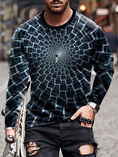 Discover Autumn Fashion And Cool 3D Effect Men's Casual Long-sleeved T-shirt, Daily Street Fashion Men's Top, Simple And Versatile T-shir