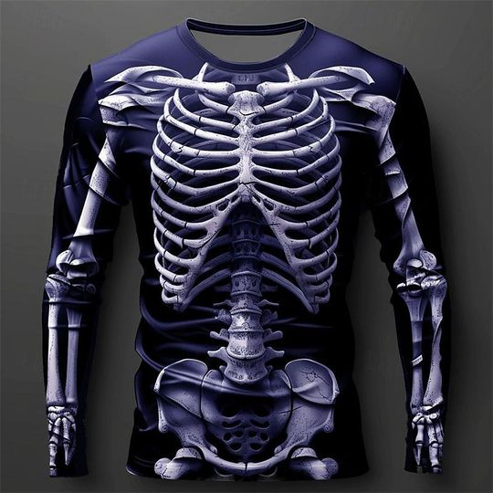 Discover Fashion Skeleton Graphic T-shirt For Men Trend Streetwear O Neck 3D Printed Long Sleeve T Shirts Loose Catch Eyes Pullovers New