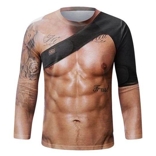 Discover Funny Fake Muscle Graphic T Shirt Men's Long Sleeve T-Shirt New Arrival Sports 3D Printed Tshirt Casual Spring Running Tees Tops