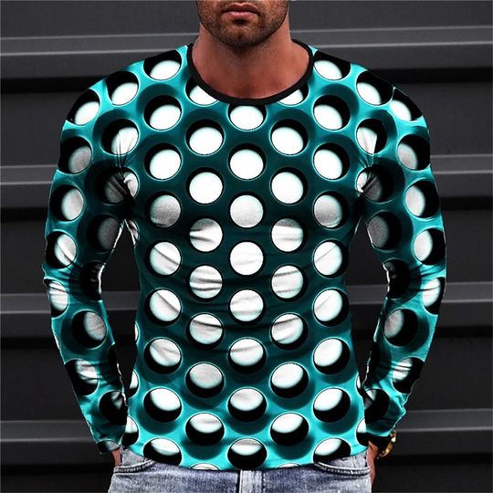 Fashionable Men's Printed T-shirt Optical Illusion Round Neck Long Sleeved Street Harajuku Exaggerated Designer Round Neck Top