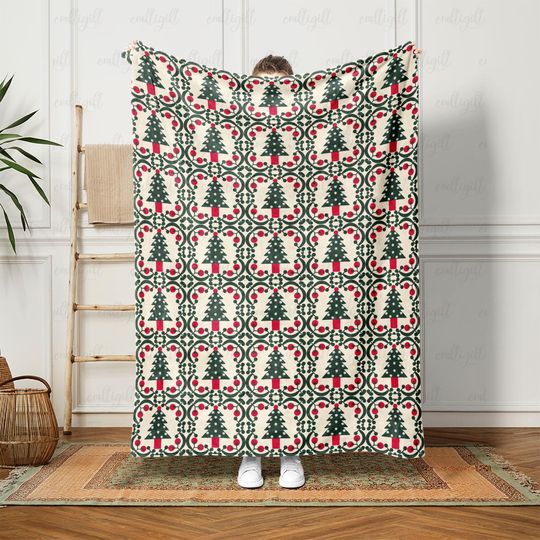 Discover Rustic Cabin Christmas Tree Soft Blanket, Nordic Christmas Tree Blanket, Winter Forest Tree Blanket, Elegant Holiday Patchwork Throw, VTB306
