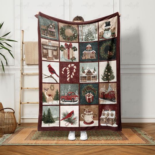 Snowy Winter Wonderland Soft Blanket, Cozy Winter Cabin Patchwork Throw, Festive Christmas Tree Blanket, Country Rustic Holiday Gift, VTB325