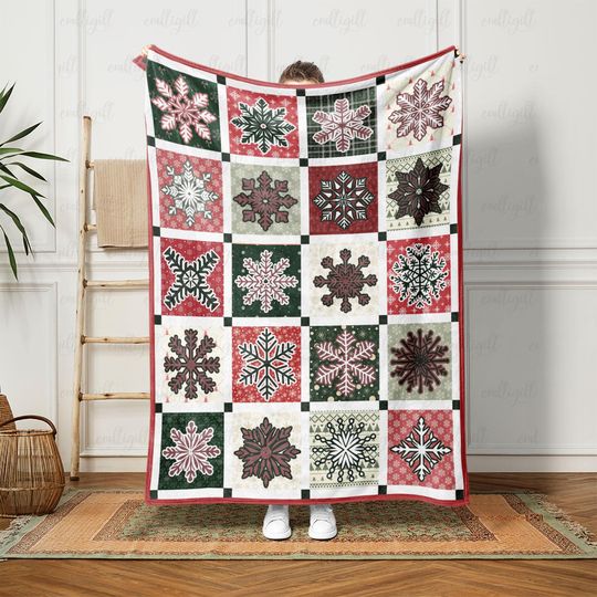 Discover Christmas Snowflake Patchwork Soft Blanket, Cozy Holiday Snowflake Blanket, Scandi Winter Snowflake Throw, Festive Season Decor Gift, VTB304