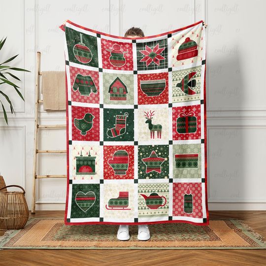 Discover Rustic Christmas Patchwork Soft Blanket, Winter Fireplace Holiday Throw, Scandi Mittens and Snowflake Throw, Xmas Cabin Festive Decor,VTB305
