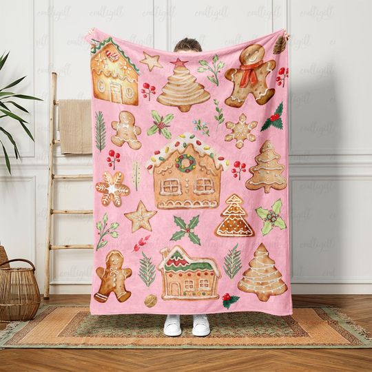 Discover Cute Holiday Gingerbread Soft Throw, Festive Pink Xmas Blanket with Cookies, Christmas Cookie Lover Throw, Cozy Winter Season Blanket,VTB276