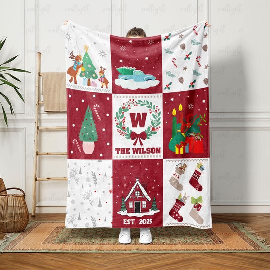 Discover Custom Family Name Xmas Soft Blanket, Scandi Farmhouse Christmas Blanket, Cozy Festive Season Blanket, Holiday Family Gift Blanket, UPA442