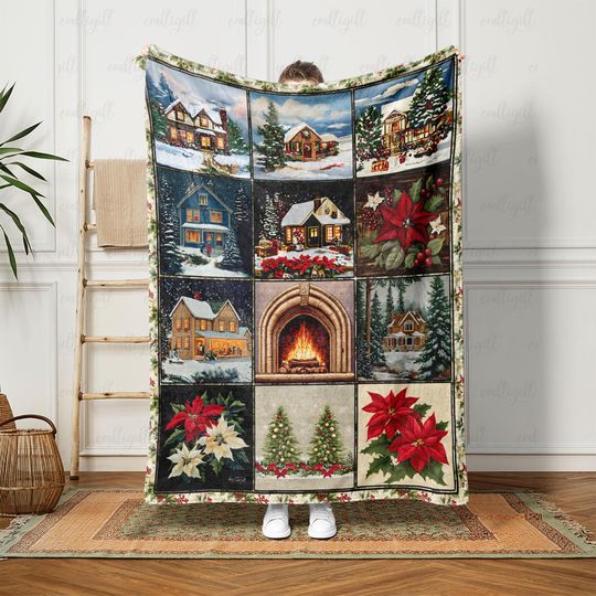 Discover Christmas House Scene Soft Blanket, Rustic Holiday Cabin Blanket, Winter Village Christmas Blanket, Warm Fireplace Festive Xmas Throw,UPA443