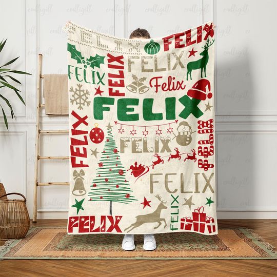 Discover Name Christmas Custom Soft Blanket, Reindeer and Bells Holiday Throw, Christmas Celebration Cozy Blanket, Winter Baby Shower Decor, UPA434-1