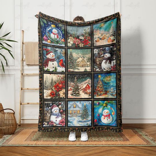 Festive Holiday Snowman Soft Blanket, Snow Village Christmas Throw, Cozy Cabin Winter Wonderland Thow, Retro Snowman Patchwork Decor, VTB318