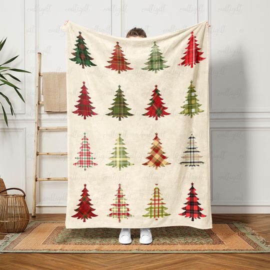 Discover Festive Winter Plaid Tree Soft Blanket, Retro Pine Tree Holiday Throw, Scandi Plaid Tree Christmas Throw, Cottagecore Xmas Decor Gift,VTB273