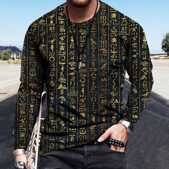 Egyptian Hieroglyphs Pattern T Shirt For Men Vintage 3D Printed Tees Summer Casual Long Sleeves Loose T-Shirts Round Neck Tops
