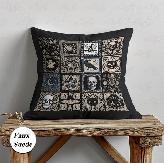 Discover Halloween Bats And Skull Pillow, Cozy Spooky Season Pillowcase, Ghost Black Cat Pillow, Dark Academia Cushion Cover, Fall Sofa Decor, THA279