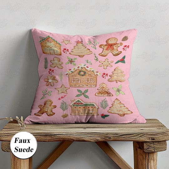 Discover Pink Christmas Gingerbread Pillow, Cute Gingerman Cushion, Sweet Bread House Pillowcase, Xmas Holly Candy Pine Pillow Gift For Girls, VTB276