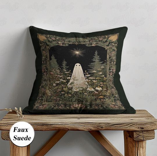 Discover Ghost In Enchanted Forest Pillow, Cottagecore Ghosly Pillow Case, Night Scene Magical Woodland Cushion, Vintage Creepy Sofa Bed Decor,VTB319