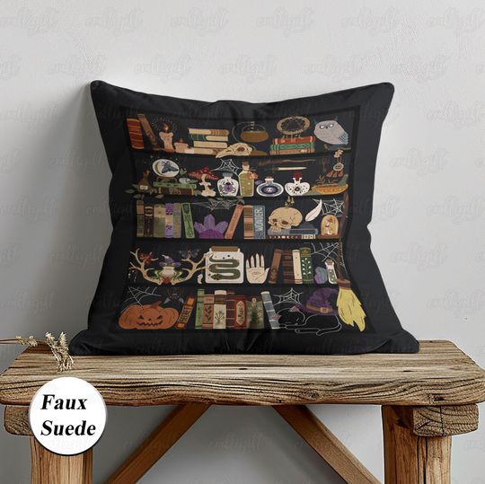 Discover Witches Bookcase Pillow Case, Mystical Witchcraft Halloween Bookstore Decor, Poison Mushroom Moth Pillow, Spooky Gift For Bookish, THA277