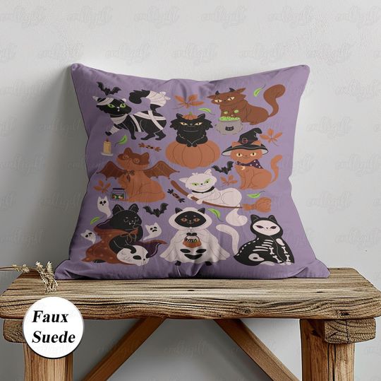 Elegant Halloween Cat Pillowcase, Black Cat Witches Pillow, Mummy Cats Ghost Kitties Pillow, Kawaii Spooky Fall Bed Sofa Couch Decor, THA276