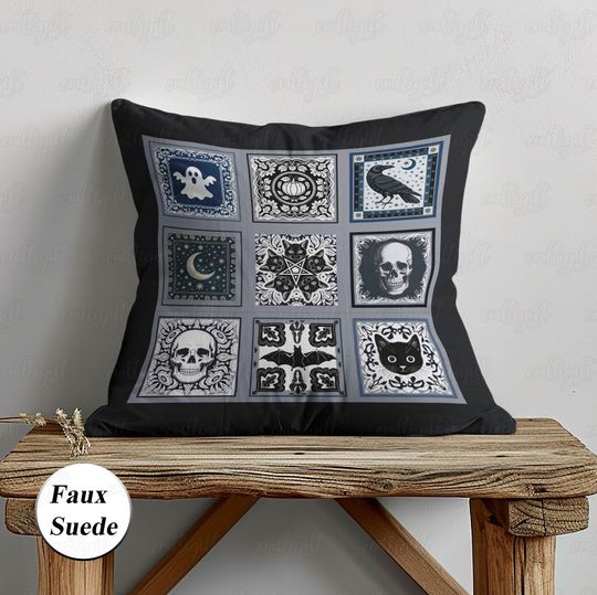 Discover Black Cat And Crow Pillow, Goth Halloween Square Pillow, Spooky Skull Ghost Cushion, Dark Cottage Fall Indoor Decor, Trick Treat Gift,THA278