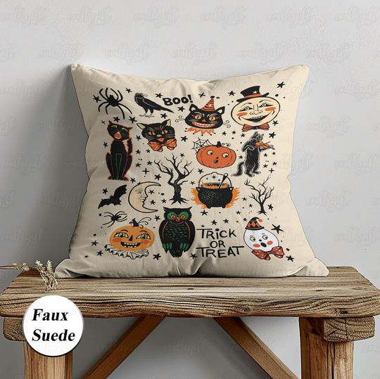 Discover Vintage Halloween Cat Pillow Case, Black Cat Spooky Pillowcase, Witchy Pumpkins Moon Face Cushion, Trick Or Treat Bed Couch Decor, BYA839