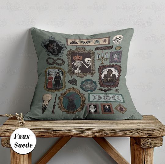 Discover Haunted Picture Gallery Pillow, Witchy Halloween Collage Pillow, Skeleton Black Cat Pillowcase, Crescent Moon Moth Cushion Cover, THA275
