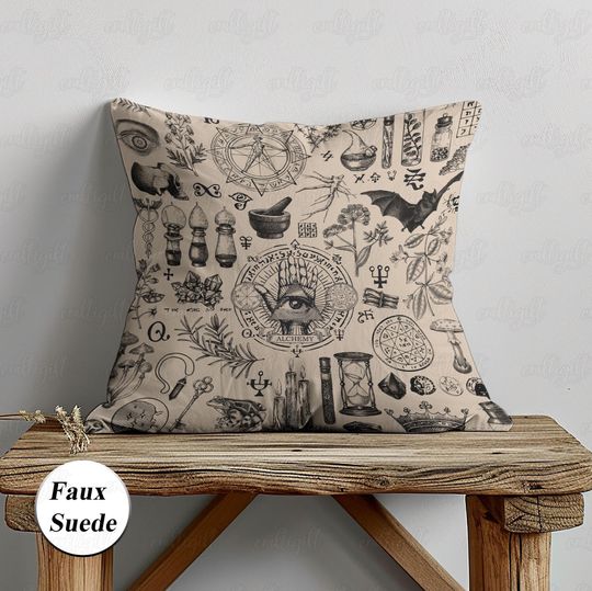 Discover Whimsical Witch Wizard World Pillow, Ancient Alchemical Symbol Pillow, Poison Plants Herbs Pillow, Evil Eye Spiritual House Decor, THA274