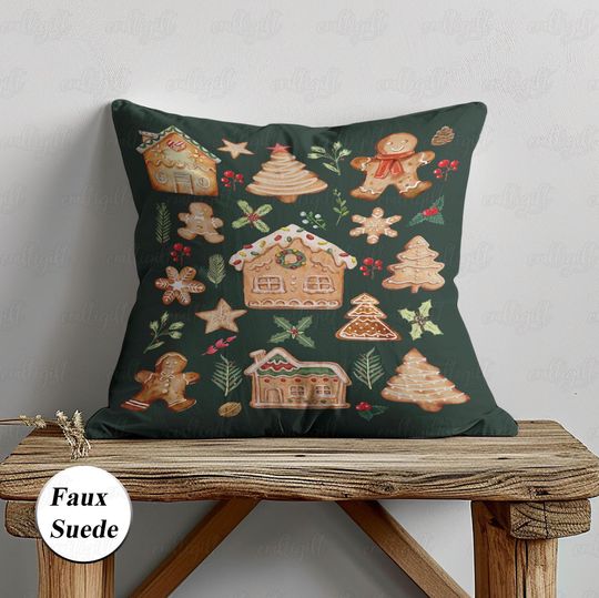 Discover Xmas Cookies Kawaii Pillowcase, Christmas Gingerbread Pillow, Ginger Star Candy Cushion, Pine Cherry Holly Pillow, Winter House Decor,VTB276