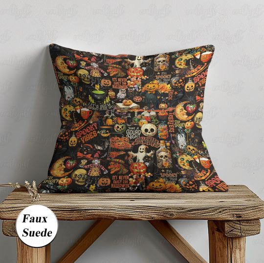 Discover Vintage Halloween Collage Pillow, Spooky Crescent Moon Faces Pillow, Ghost Witchy Skeleton Pillowcase, Witches Vibes Bed Sofa Decor, THA272