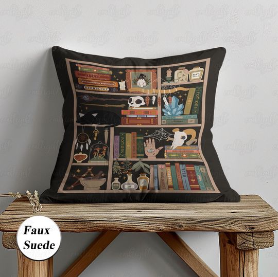 Discover Black Cat And Witch Spells Pillow, Witchcraft Mystical Plants Pillow, Wizard World Haunted Bookshelf Pillowcase, Spooky Fall Decor, THA273