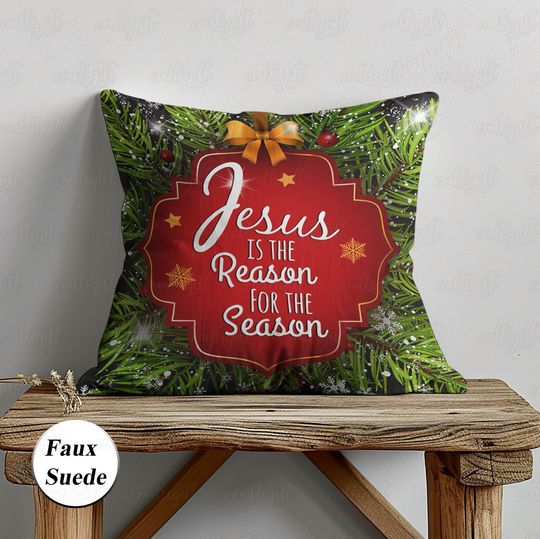 Jesus Is Reason For Season Pillow, Christian Holiday Throw Pillow, Religious Holly Wreath Ribbon Cushion, Christmas Noel Home Decor, MYC855