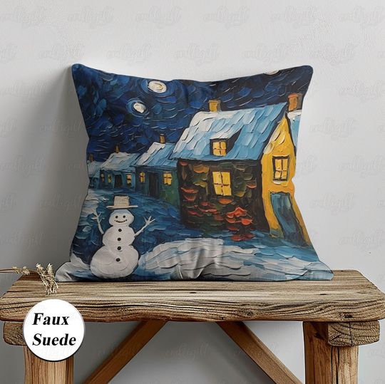 Discover Rustic Village Mosaic Pillow Case, Snowman At Christmas Night Pillow, Wonderland Snowy Town Pillow, Winter Holiday Sofa Couch Decor, MYC901