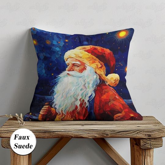 Discover Night Christmas Santa Claus Pillow, Retro Santa Christmas Pillow, Santa Mosaic Xmas Faux Suede Pillow, Winter Xmas Sky Noel Decor, MYC893