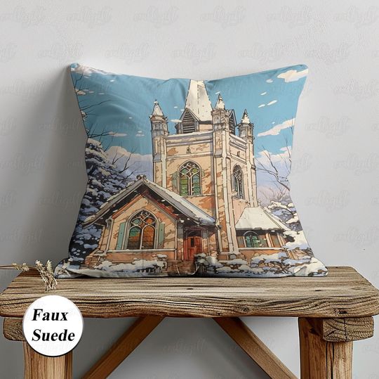 Peaceful Old Church Pillowcase, Snowy Ancient Cathedral Cushion Cover, Winter Anime Landscape Pillowcase, Cute Christmas Couch Decor, MYC917