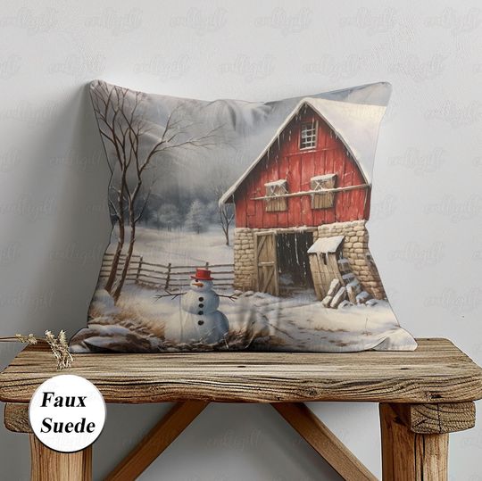 Red Farmhouse Christmas Pillow, Snowy Farmhouse Cottage Pillow Case, Snowman Cozy Holiday Cushion Case, Freezin' Season Family Gifts, MYC912